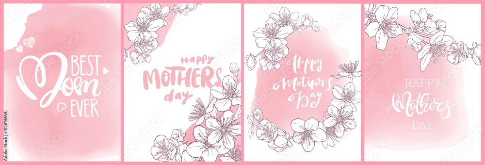 Fototapeta premium Mother's day illustration. Greeting card design with cherry blossoms and pink watercolor wash.