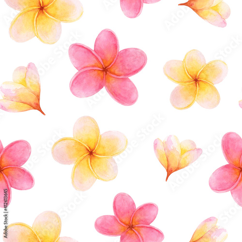Seamless watercolor pattern of bright plumeria flowers.