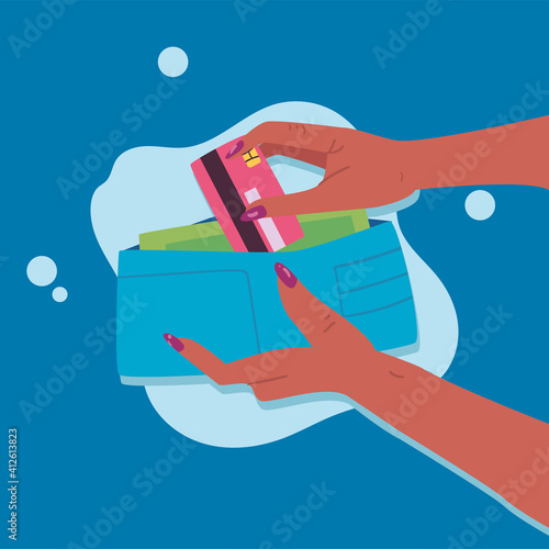 hands holding credit card and wallet vector design