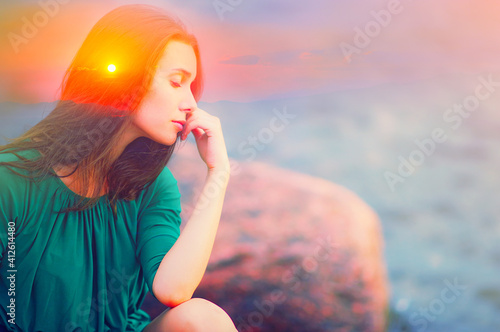 Soul energy, mental health nature therapy, spiritual life power, calm inner peace concept Double exposure abstract body of happy free young woman, closed eyes head. Healthy relax in sunrise sun light photo