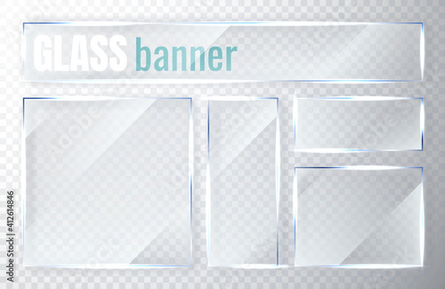 Glass plates set. Glass banners on transparent background. Flat glass clear window. Vector illustration