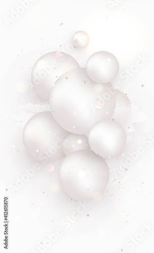 Abstract realistic white spheres. Balls in empty space. chemical molecular model. 3d geometric background for web banner  sales  promotional cover. Minimalistic concept. Vector.
