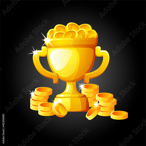 Vector gold cup with coins for the winner.