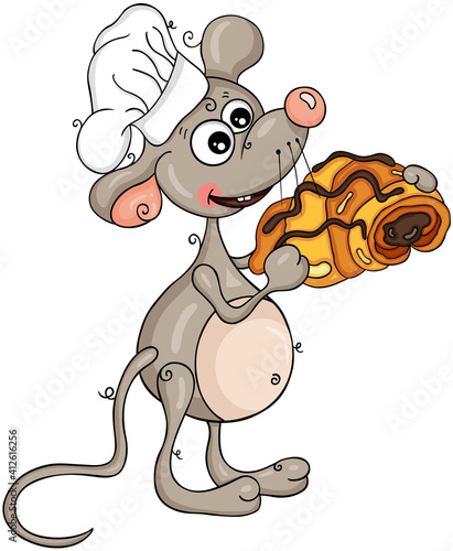 Cook mouse holding a croissant with chocolate