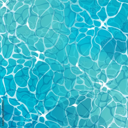 Water top view background. Blue ripples pattern with glares. Sea, pool or ocean illustration. Cartoon vector illustration.