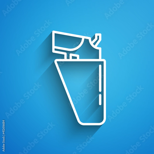 White line Revolver gun in holster icon isolated on blue background. Long shadow. Vector.