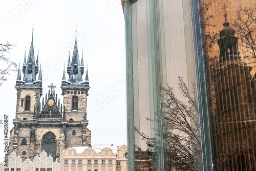Canvas Print Prague in winter time, beautiful view to the old town square of Prague with Tyn Churchs