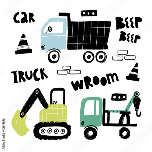 Vector hand-drawn color children's set with illustration, poster, print with a cute trucks and lettering in Scandinavian style on a white background. Building equipment. Funny construction transport.