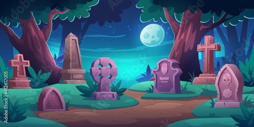 Old cemetery with memorial tombstones, graves for dead people. Vector cartoon night landscape with graveyard, green grass, trees and moon in sky. Spooky illustration for Halloween card