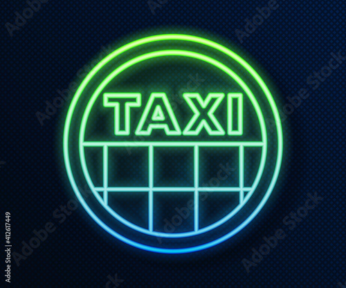 Glowing neon line Taxi car roof icon isolated on blue background. Vector.