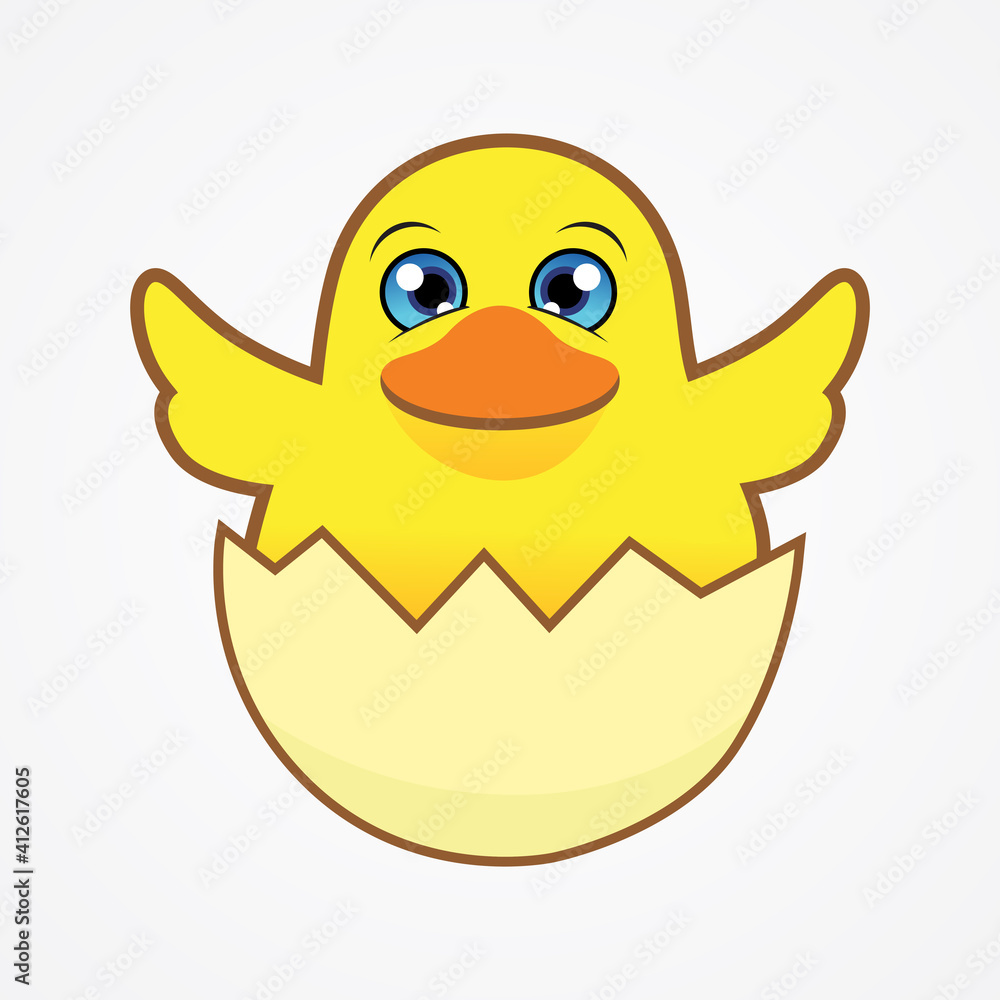 Funny little chick in cracked egg vector graphic illustration. Chicken newborn baby in the shell.