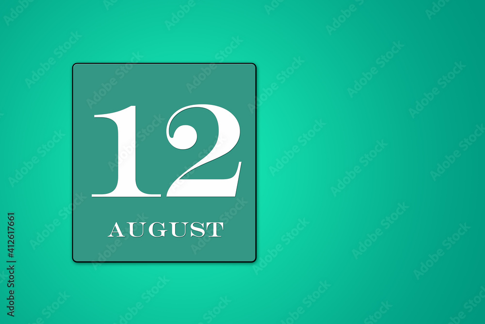 August 12 is the twelfth day of the month. calendar date framed on a 9green background