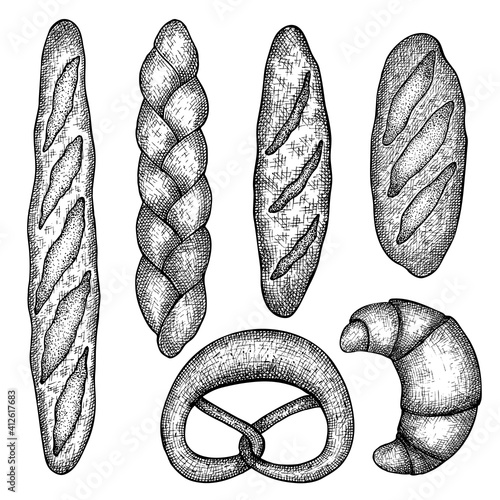 Bakery products. Vector hand drawn illustration. Vintage elements for labels, flayers and packaging design.