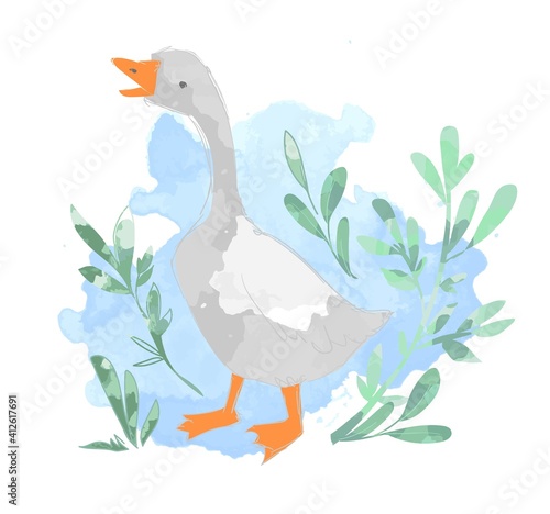 Hand drawn cute goose and leaves vector illustration bird. Drawing for children. Cartoon farm bird