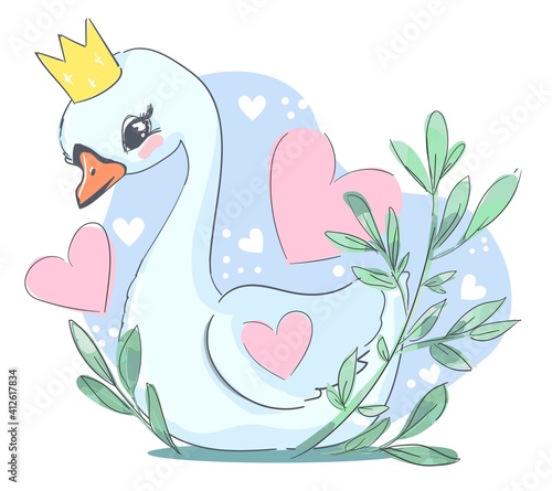 Cute swan beautiful vector illustration. Print children's T-shirt for girls. Cartoon character. White bird.