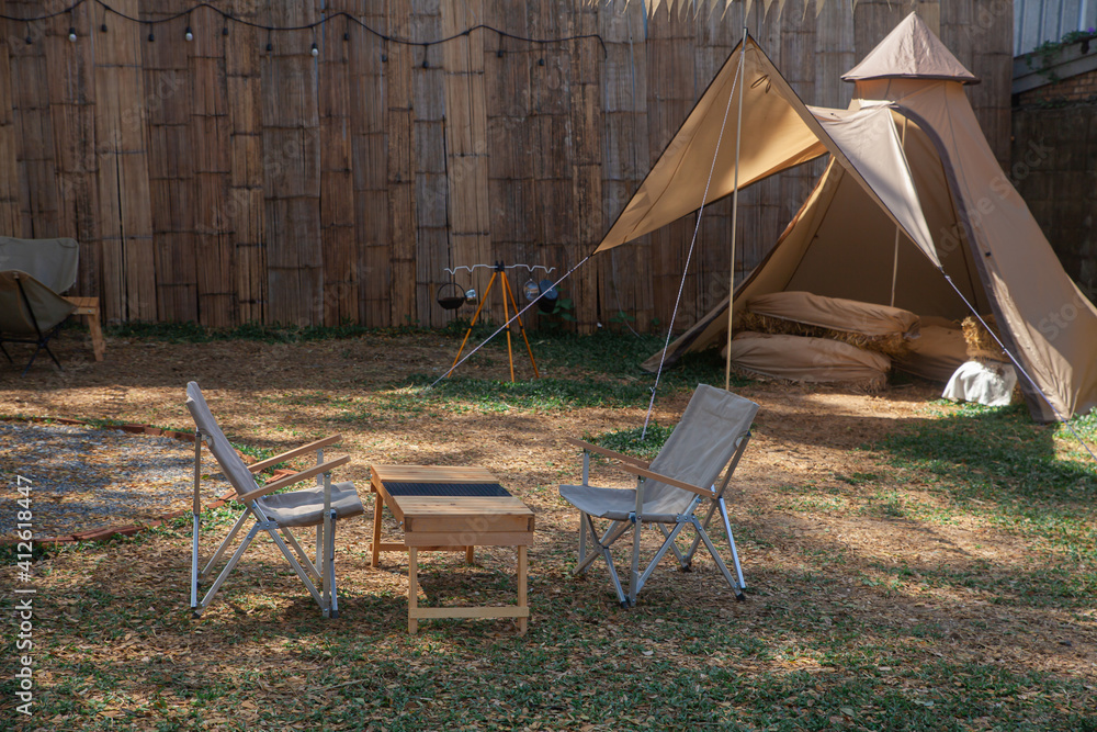 Set of camping chair on nature park.