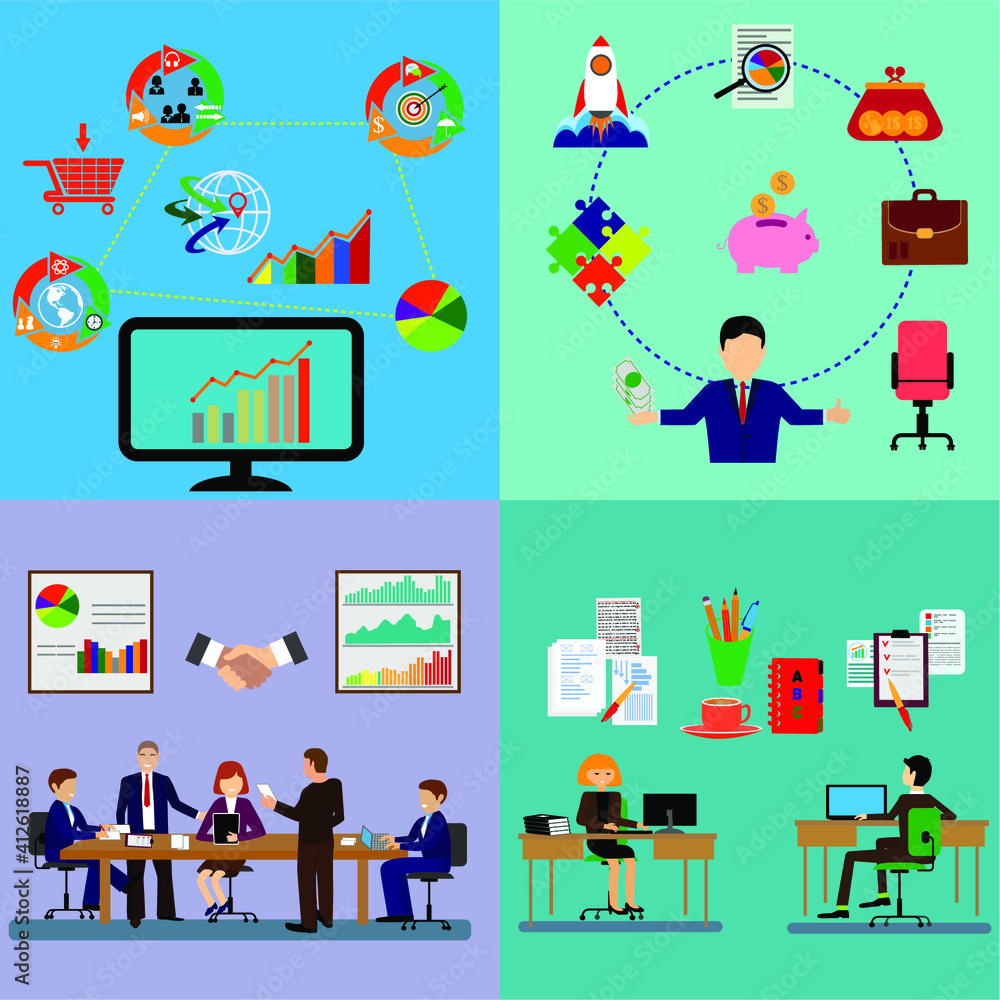 Vector team work Businessman brainstorming to think globally and meeting with world maps used in business applications flat design Vector team work Businessman brainstorming to think globally and meeting with world maps used in business applications flat design