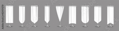 White pennant flags mockup, blank vertical banners on flagpole with rounded, concave, pointed and double edges. Isolated medieval heraldic empty ensign templates. Realistic 3d vector illustration set