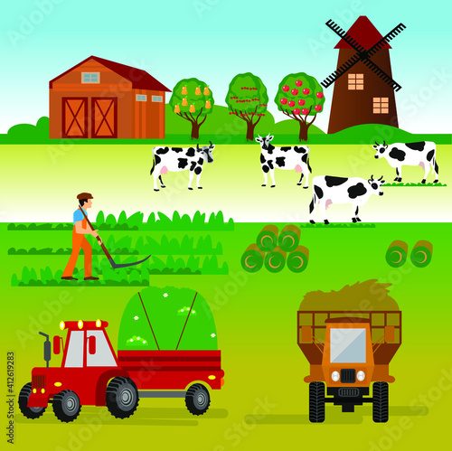 Fototapeta Naklejka Na Ścianę i Meble -  Set of the farming agriculture concept flat vector illustration. Agriculture and Farming. Agribusiness. Rural landscape.