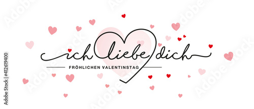 I love You and Happy Valentines Day handwritten typography on German language with red pink hearts on white background