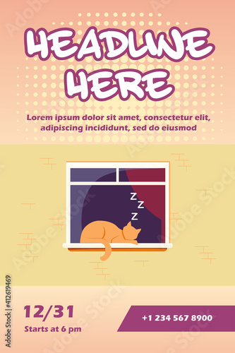 Sleeping cat lying on window. Pet, home, tomcat flat vector illustration. Domestic animals and relaxation concept for banner, website design or landing web page