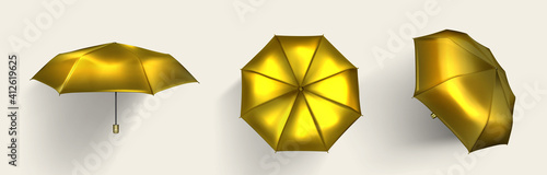 Gold umbrella, golden parasol top, side and front view with shadow, luxury accessories for protection of rain or sun beams, shiny yellow shield isolated on white background, Realistic 3d vector set