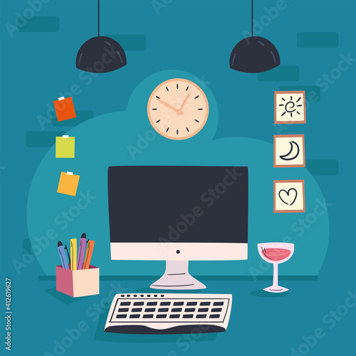 workplace desk with computer and wine cup vector design