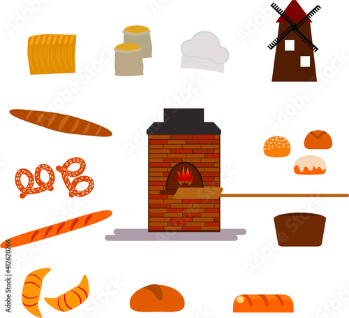 Agriculture.Production of bread, harvest, processing of grain,natural food farmer products, sale, vector illustration Factory and the production of bread.
