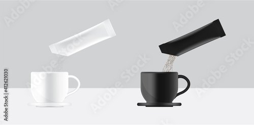 3D Glossy Stick sachet mockup and Pour Powder to Cup of water. Vector illustration. Food and beverage Packaging concept design.