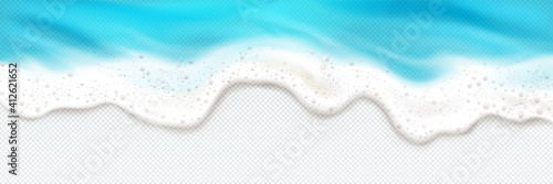 Top view of sea wave foam splashing border. Blue ocean foamy water splash isolated on transparent background. Natural nautical frame, spume or froth design element, realistic 3d vector illustration © klyaksun
