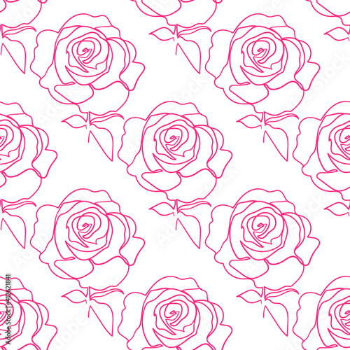 Vector seamless pattern with rose flowers outline on the white background. 