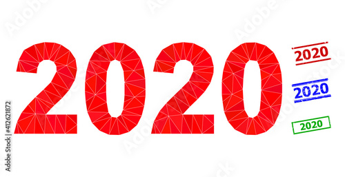 Triangle 2020 year digits polygonal icon illustration, and rough simple 2020 stamp seals. 2020 Year Digits icon is filled with triangles. Simple stamp seals uses lines, rects in red, blue,