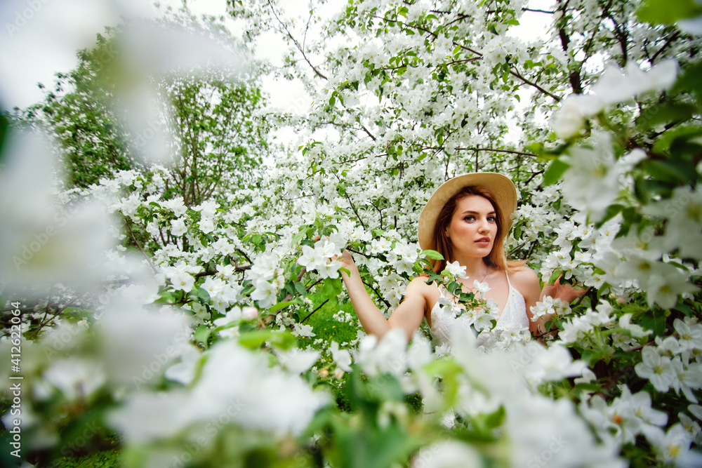 A beautiful young red-haired woman enjoys life in a spring blooming garden with a background of flowering trees. A girl among the apple blossoms. Spring in the countryside concept. A beautiful young red-haired woman enjoys life in a spring blooming garden with a background of flowering trees. A girl among the apple blossoms. Spring in the countryside concept.