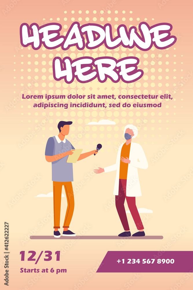 Young guy interviewing doctor in mask. Microphone, quarantine, reporter flat vector illustration. Pandemic and protection concept for banner, website design or landing web page