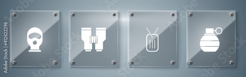 Set Hand grenade, Military dog tag, Binoculars and Balaclava. Square glass panels. Vector.