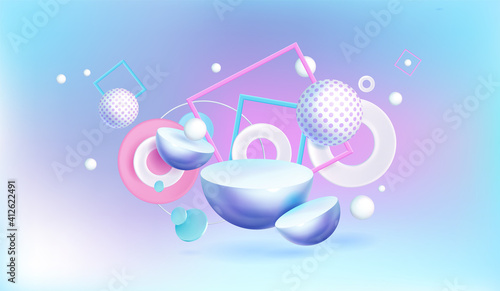 Abstract background with 3d geometric shapes on blue and pink backdrop, spheres with polka dots, hemispheres and white rings or circles with square frames, Realistic vector banner for ads promotion