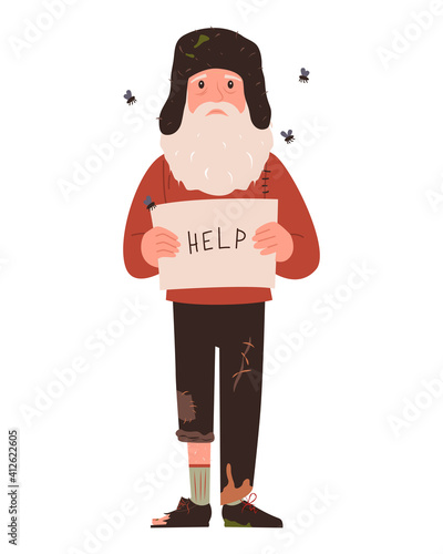 Homeless. A shaggy man in dirty rags. Character for infographics