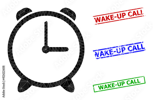 Triangle alarm clock polygonal icon illustration, and textured simple Wake-Up Call stamp imitations. Alarm Clock icon is filled with triangles. Simple stamps uses lines, rects in red, blue,