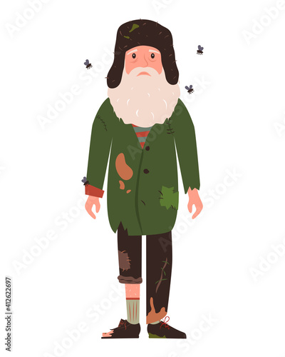 Homeless. A shaggy man in dirty rags. Character for infographics