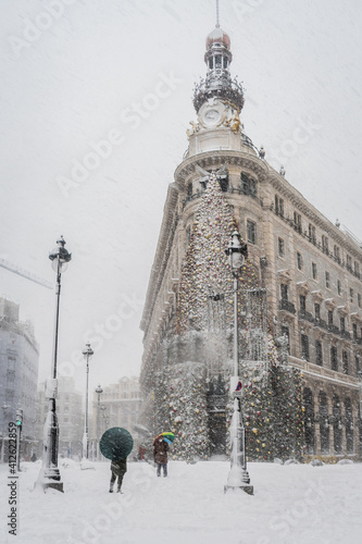 Cityscape of the streets of Madrid during The Snow Storm 