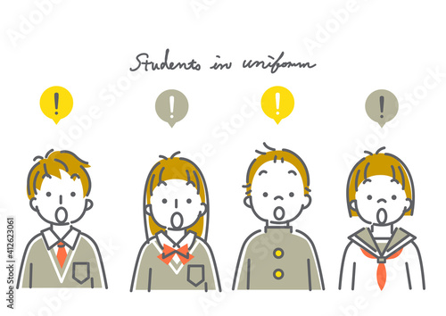 中学生・高校生（男女４人）のシンプルでかわいい線画イラスト素材セット