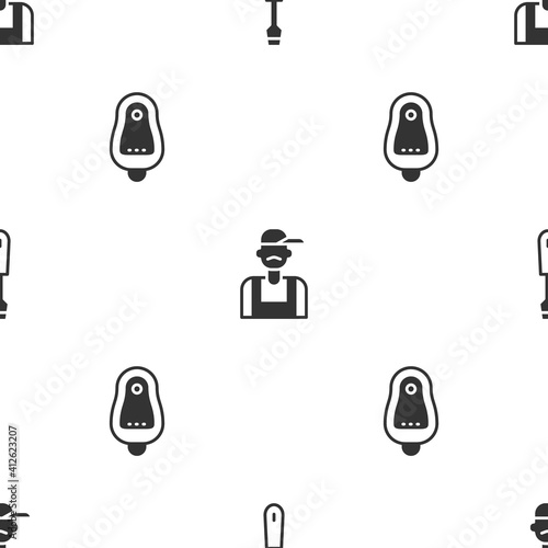 Set Screwdriver, Plumber and Toilet urinal or pissoir on seamless pattern. Vector.