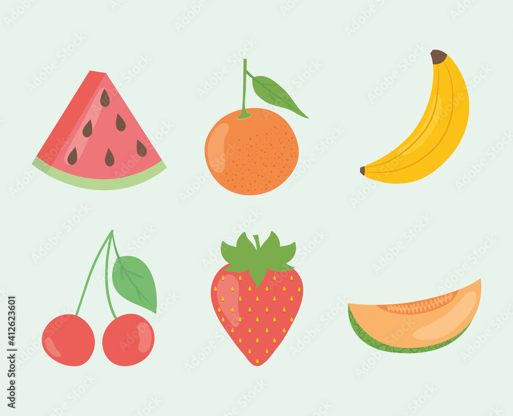 watermelon and fruits icon set, flat style watermelon and fruits icon set, flat style