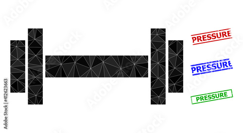 Triangle barbell polygonal icon illustration, and distress simple Pressure stamp imitations. Barbell icon is filled with triangles. Simple stamp seals uses lines, rects in red, blue, green colors.