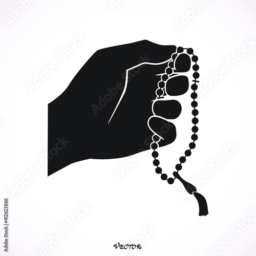 Hand holding a Muslim rosary, flat style illustration.