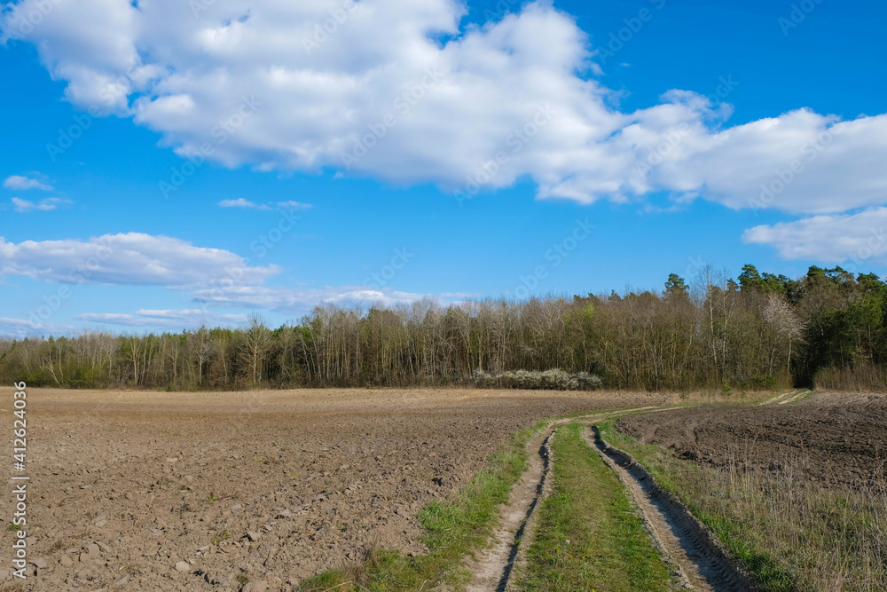 Rural landscape with a dirt road among plowed fields. Agricultural concept. Copy space. Rural landscape with a dirt road among plowed fields. Agricultural concept. Copy space.