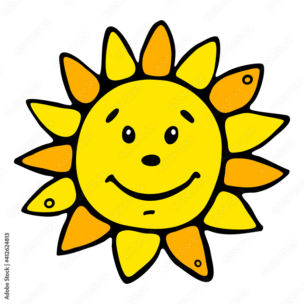 Vector illustration of smiling Sun. Cartoon style hand drawn Sun.