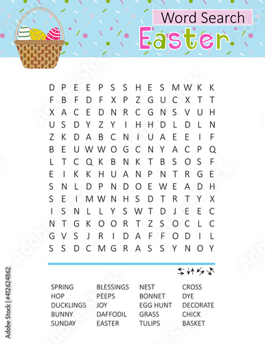 Easter word search puzzle with basket. Educational game for kids. Holiday crossword. Party card.  
Festive colorful worksheet for learning English words. 