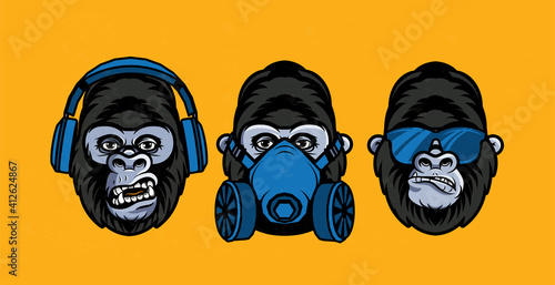 Three wise gorillas with respirator, glasses, headphones. Also called the Three Mystic Apes. Sees no evil, hears no evil, speaks no evil.