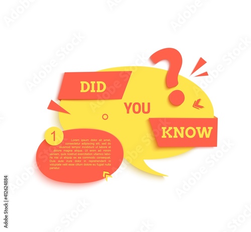 Did you know round speech bubble and in paper cut style. Quiz show yellow sticker in memphis retro style. 80s 90s banner with question sign and geometric shapes. Vector card illustration.